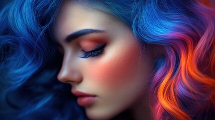 Fototapeta premium A person with blue hair and makeup poses against a dark background with abstract color swirls.
