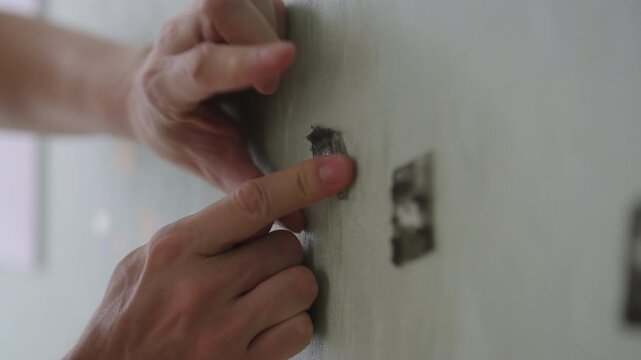 Hands peeling off residual double-sided tape from wall, representing home improvement, diy projects, wall preparation and cleaning tasks, closeup, unrecognizable person, slow motion.