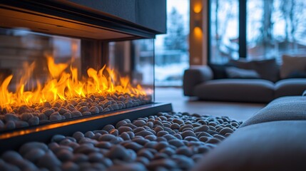 Obraz premium A contemporary fireplace is shown in a living room setting with a blurred background.