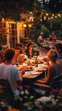 Vertical 9:16 summer backyard barbecue with diverse family and friends, enjoying grilled food and laughter in a lively garden setting, perfect for creating cherished memories under the evening sky.