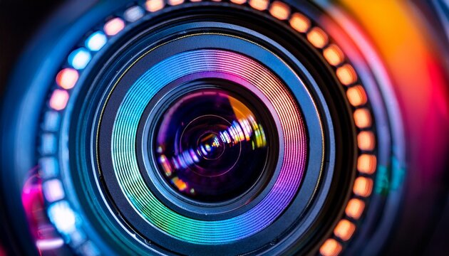 close up of a camera lens with colorful led lights creating a vibrant and abstract pattern