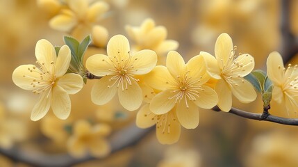 A cluster of yellow flowers with green leaves is presented against a blurred outdoor background.