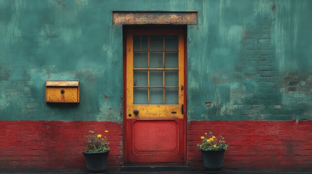 A weathered red door is positioned beside a textured blue wall and two potted plants featuring yellow flowers. - Powered by Adobe