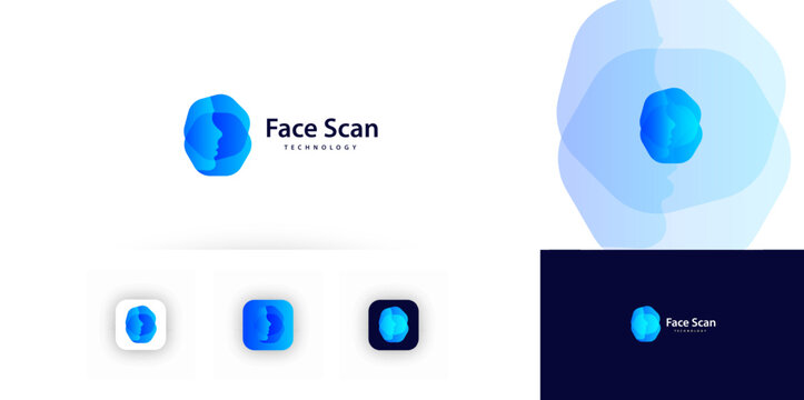 Face scan technology logo, facial biometric security icon for digital identity access. AI recognition systems, cyber privacy protection, human head profile avatar branding. Vector illustration