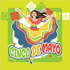 Cinco de Mayo Mexican Woman Dancing in Traditional Dress Vector Illustration.eps