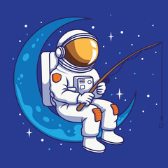 Vector Illustration of Astronout Fishing Sit on The Moon in Thick Line.eps