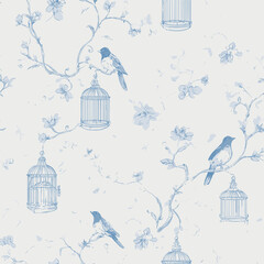 Blue Toile Seamless Pattern with Birds and Cages, Vintage Floral Vector Background, Elegant blue toile de Jouy seamless pattern featuring delicate birds perched on flowering branches with vintage bird