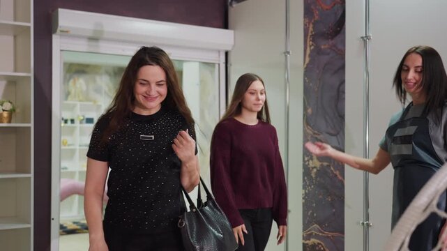 satisfied patrons depart smiling confidently, customers exit with bright smiles and satisfied pride, contented customers depart with cheerful smiles and sense of pride in their experience