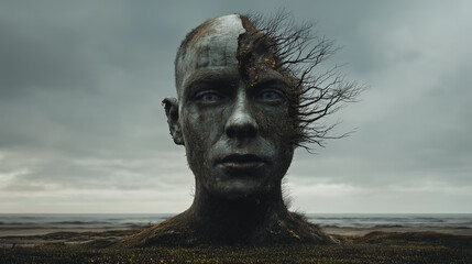 Surreal portrait of a stone-like human face emerging from the ground with dry tree branches growing from the head. Metaphor for apocalypse, connection with nature, death and solitude