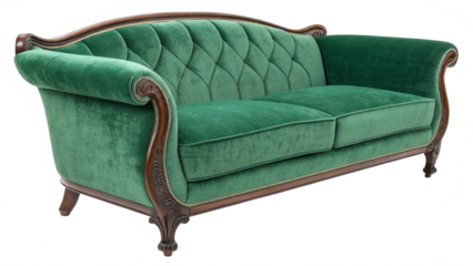 Elegant antique emerald green velvet sofa featuring ornate dark wood carving and classic tufted upholstery perfect for luxury interiors on transparent background