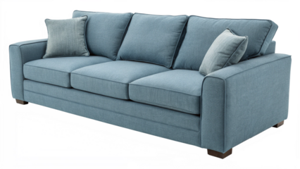 Contemporary three seater sofa upholstered in textured blue fabric featuring plush cushions and accent pillows for furniture catalogs on transparent background