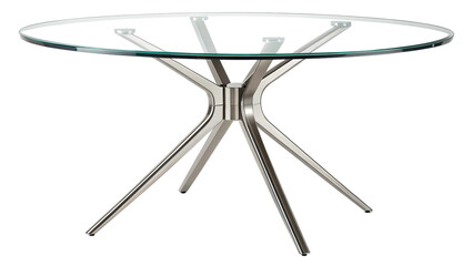 Modern round glass dining table featuring a striking brushed metal pedestal base on a clean for contemporary interior design concepts on transparent background