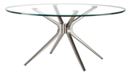 Modern round glass dining table featuring a striking brushed metal pedestal base on a clean for contemporary interior design concepts on transparent background