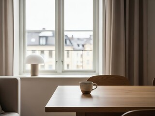Minimalist European Apartment Interior with Morning Light and Coffee Cup