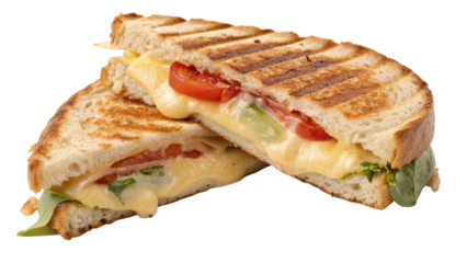 Deliciously grilled cheese and tomato panini sandwich cut in half showing melted cheese and fresh green lettuce on transparent background