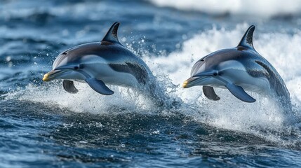 Fototapeta premium Two dolphins jump from the ocean, generating a splash of white foam.