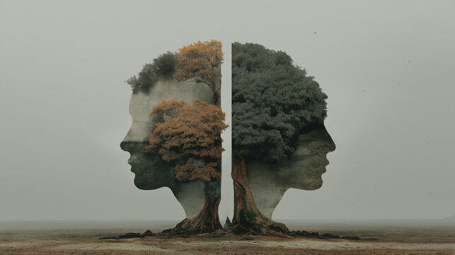 Surreal double exposure of two human face profiles growing from common tree roots. Concept of family heritage, ancestry, genealogy, relationship duality and siblings connection