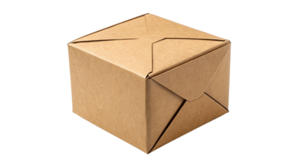 Small square brown cardboard takeout food box with folded top closure for delivery concepts on transparent background