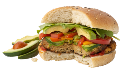 Deliciously crafted vegetarian burger cut in half showcasing fresh avocado slices lettuce tomato and a hearty plant based patty on a sesame bun on transparent background