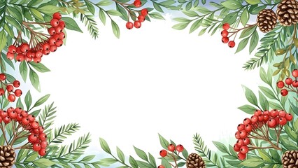 Botanical frame with red berries and pinecones on white background