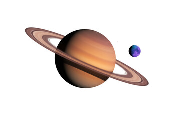 Saturn planet with rings and moon isolated PNG, gas giant with orbiting satellite on transparent background for space exploration © Luke