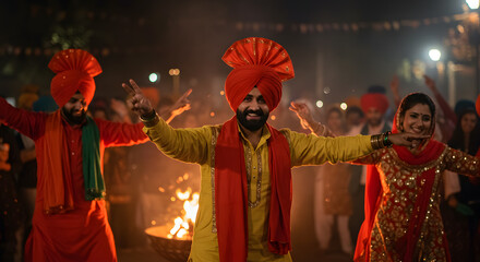 Fototapeta premium Happy Man In Yellow Traditional Dress And Orange Turban Dancing Near Bonfire During Lohri Festival Night Celebration