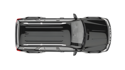 View of a black S U V with open door isolated on a transparent background vehicle aerial view