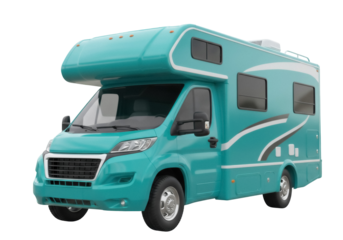 Turquoise RV motorhome PNG isolated on transparent background, recreational vehicle for camping and road trip adventures