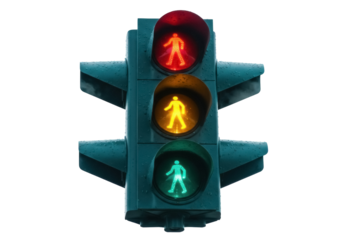 Pedestrian traffic light isolated PNG, showing red, yellow and green man symbols for road safety and urban mobility on transparent background
