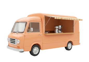 Retro orange food truck PNG isolated on transparent background, vintage van with awning and coffee machine, mobile kitchen for street food business
