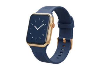 Smartwatch with blue band isolated PNG on transparent background, modern digital watch with gold accents for fitness tracking and lifestyle use