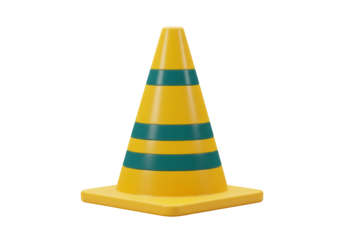 Yellow traffic cone PNG isolated on transparent background, safety equipment for construction and road work, striped warning sign