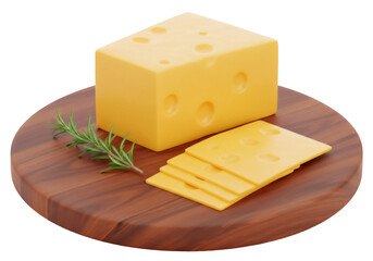 Swiss cheese block and slices on wooden board isolated PNG, dairy product with holes for sandwiches and snacks on transparent background