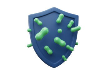 Blue shield with green bacteria isolated PNG, protection against viruses and germs concept for healthcare and medical designs on transparent background