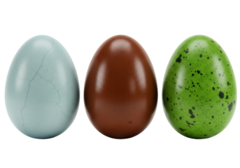 Three colorful speckled eggs PNG isolated on transparent background, easter egg decorations for holiday designs and spring celebrations