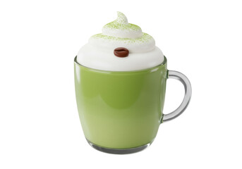 Matcha latte with whipped cream and coffee bean isolated PNG, green tea latte in glass mug on transparent background