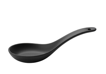 Black ceramic soup spoon isolated PNG on transparent background, elegant Asian style serving utensil for food presentation and culinary design