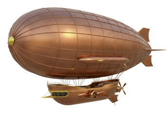 Steampunk airship PNG isolated on transparent background, vintage dirigible with propeller and copper balloon for fantasy and adventure themes © Luke