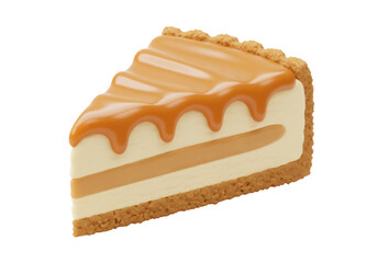 Delicious caramel cheesecake slice PNG isolated on transparent background, sweet dessert with graham cracker crust and creamy filling