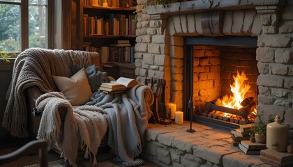 Cozy living room with warm fireplace and comfortable armchair