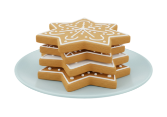 Stack of star-shaped gingerbread cookies isolated PNG, festive holiday treat with white icing on a light blue plate on transparent background