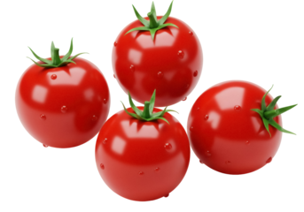 Fresh red tomatoes isolated PNG on transparent background, vibrant vegetables with water droplets for healthy eating and cooking