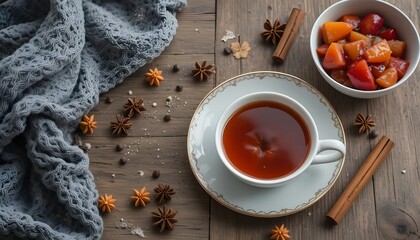 Cozy winter scene with cup of tea and spices on wooden table