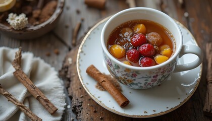 Warm spiced cranberry drink in floral tea cup on rustic wooden table