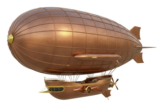 Steampunk airship PNG isolated on transparent background, vintage dirigible with propeller and copper balloon for fantasy and adventure themes