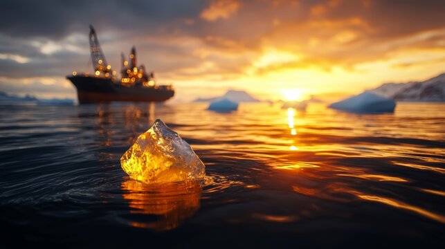 Oil rig operations in arctic waters at sunset seascape photography remote environment aerial view of energy industry