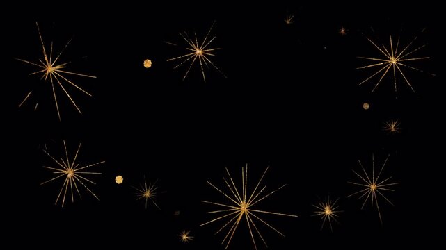 Animated golden fireworks frame or sparkling starburst border overlay. Celebration and festive concept video with transparent background for easy compositing. New Year or holiday glitter.