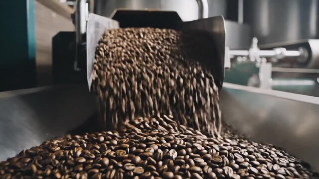Dark roasted coffee beans cascading from a hopper into a metallic container