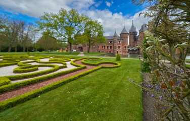 Park view on the De Haar Castle on a nice spring day. Utrecht, Netherlands