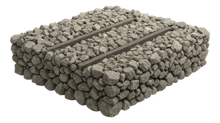 Crushed stone track bed with drainage channels for stability and support.